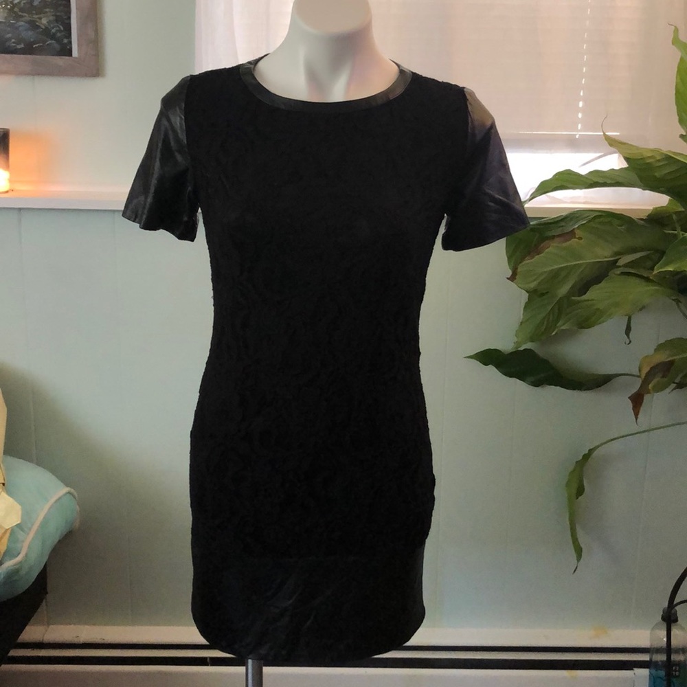 Black Lace Dress with Faux Leather Detailing